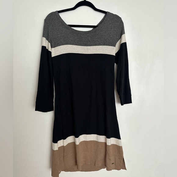 Hatley Color block Stripes Gray/Black/Tan Three Quarter Sleeve Sweater Dress - Picture 3 of 7